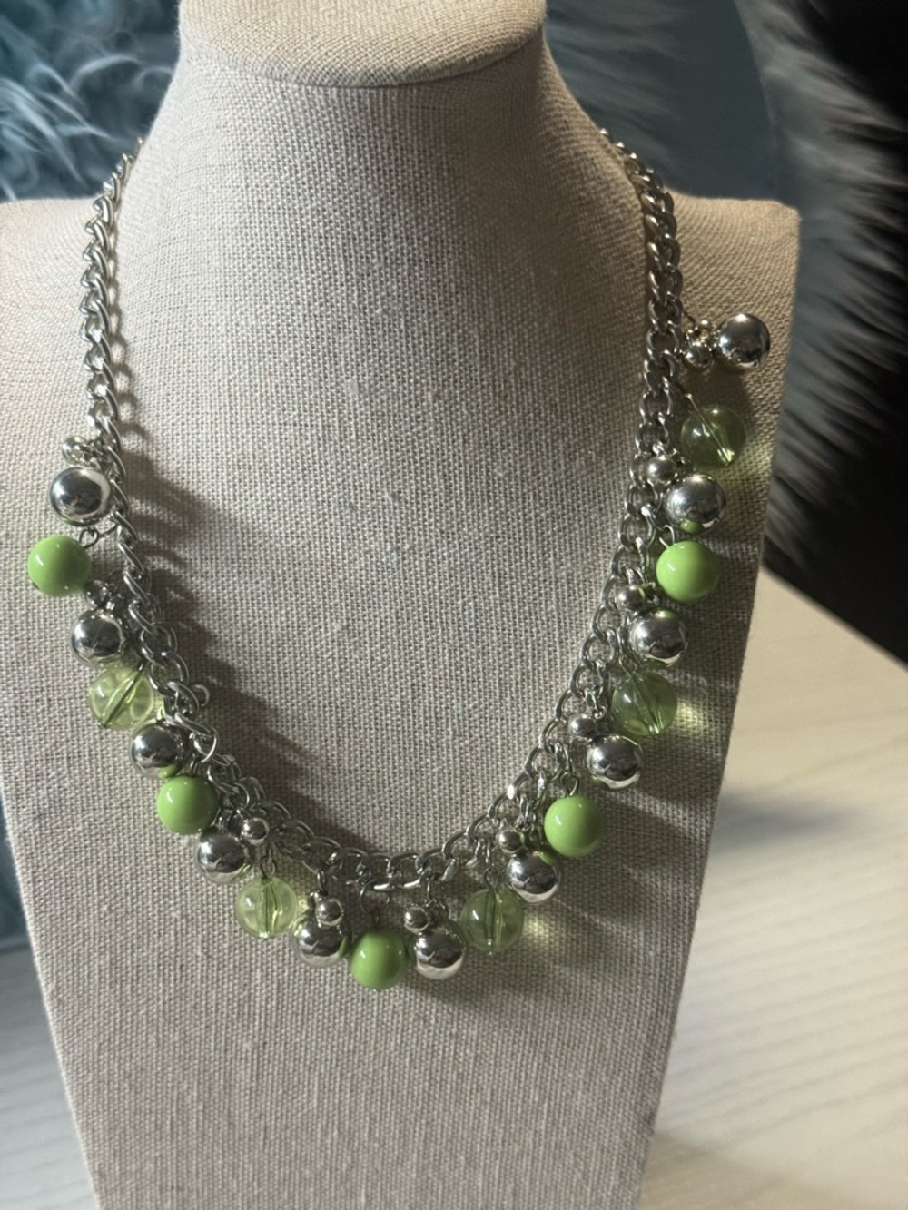Silver Chain Necklace with Lime Green Beads